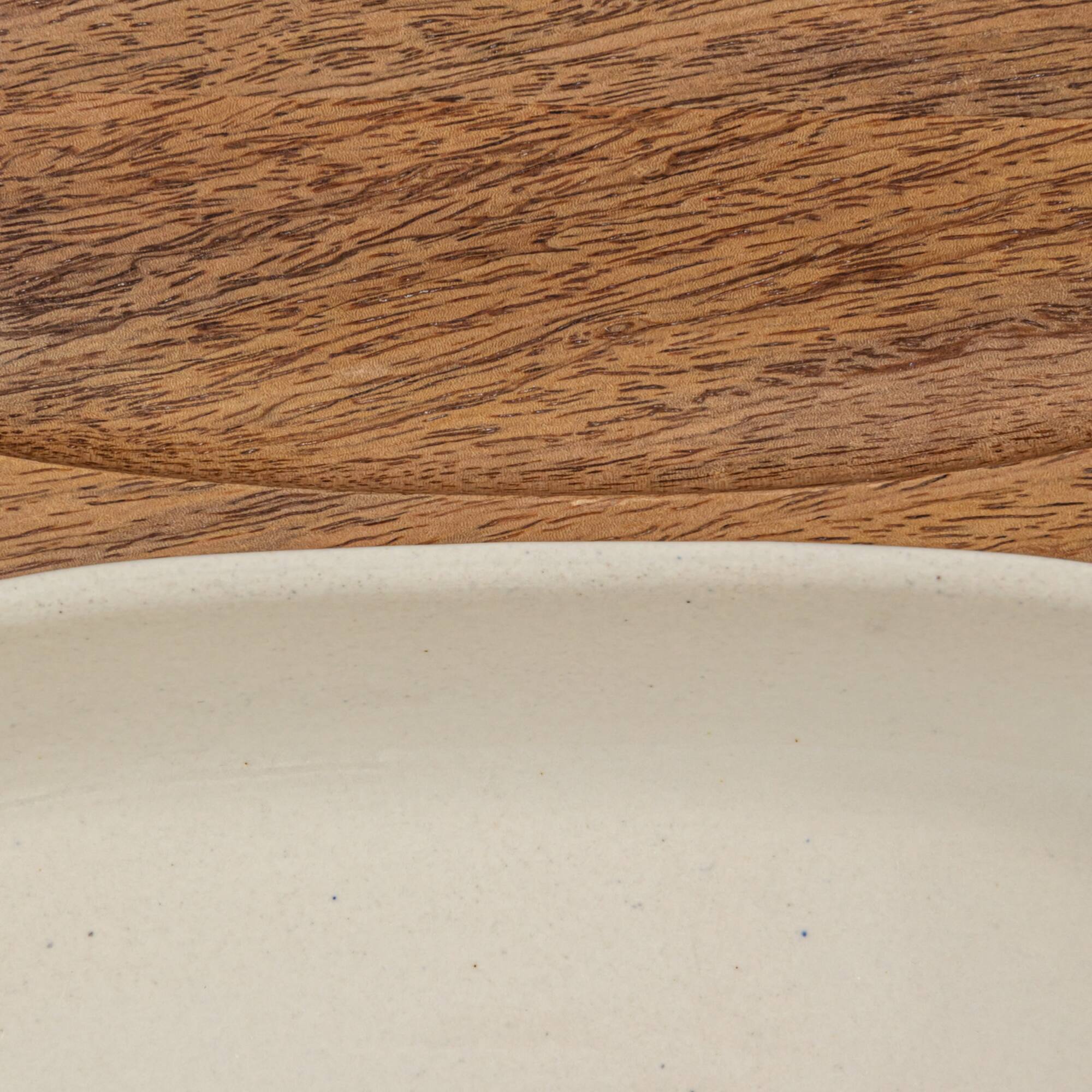 Hello Honey® 13" Cream Stoneware Serving Dish with Natural Mango Wood Base